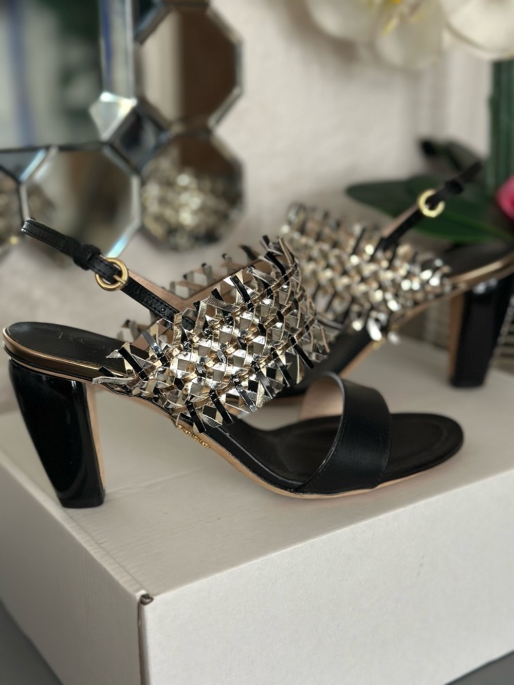 Rodo Black Heeled Sandals with Silver Metallic Fringe - Picture 2 of 10
